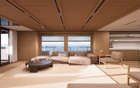 Rendering of Superyacht Sea Rover main saloon with black coffee table and white sofa 