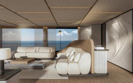 Rendering of Bellini Yacht Eternal 36 motor yacht salon with white seating