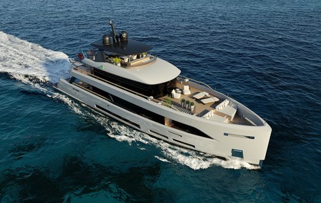 Rendering of Sirena Yachts 35m underway. Aerial side view looking at the bow. Surrounded by sea.