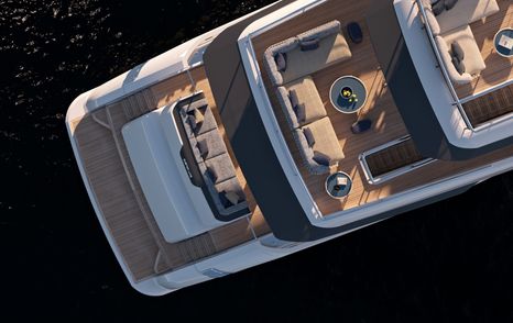 Aerial Rendering of Custom Line Saetta 128' motor yacht aft decks 