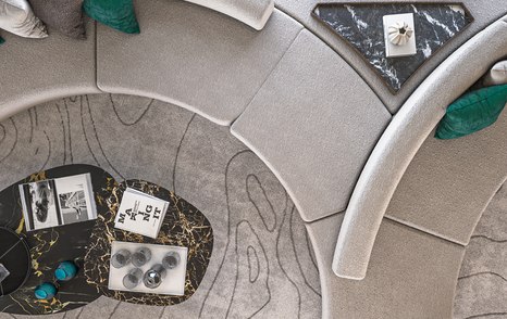 Aerial rendering of first Sirena 42M superyacht main saloon curved seating