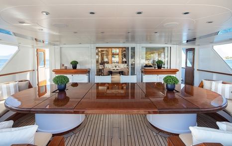 Feadship Superyacht Kassandra's main aft deck shaded alfresco dining 