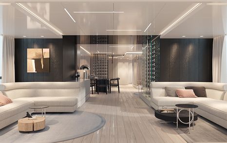 rendering of white sofas, white ceiling, light wooden floors and black wall panels in the interior of the EXP yacht