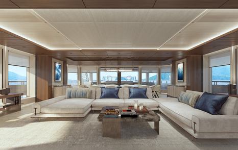 Rendering of Amels 80 superyacht main saloon with U-shaped cream seating 