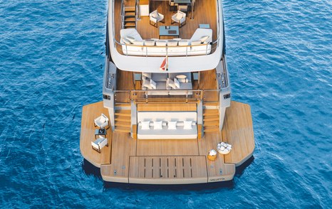 Custom Line Navetta 38 beach club with extended swim platform and fold-down terraces at water level