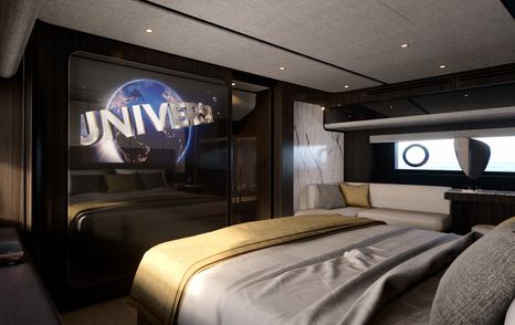 Rendering of TV at the foot of bed in the new Ferretti 940