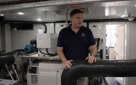 Technical machinery space aboard the Galeon 620 Fly with generators, pumps and hydraulic systems.