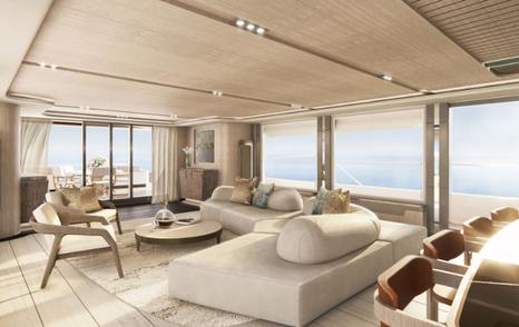 Rendering of NL 50 Plus Superyacht main saloon curved seating and dining area
