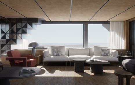 Rendering of Sanlorenzo SL80A Asymmetric motor yacht main saloon seating with geometric design on staircase and white sofa 