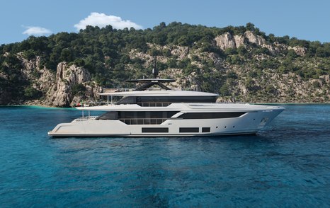 Rendering of Custom Line Navetta 38 superyacht at anchor 