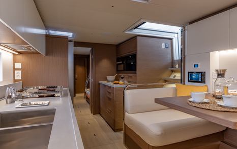 interior galley of Lagoon Sixty7 power catamaran