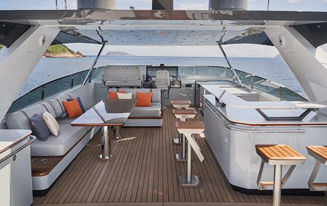 CL Yachts CLB88 motor yacht flybridge with shaded seating and bar area