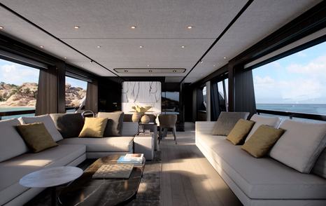 Motor yacht Ferretti 940 main saloon rendering with cream furnishings