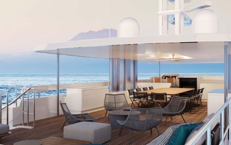 50m Feadship superyacht Graycliffs sundeck with shaded alfresco dining