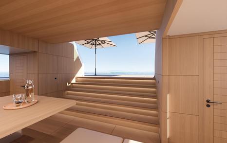 Rendering of Superyacht Sea Rover indoor beach club with wooden detailing 