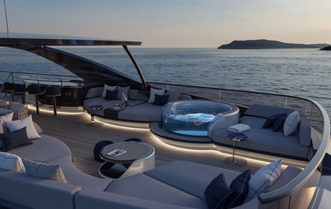 Rendering of ISA Unica 45M Superyacht upper deck with jacuzzi and surrounding grey sunpads 