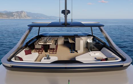 Rendering of Extra X110 Fast motor yacht sundeck with alfresco dining, sunpads, bar area and seating