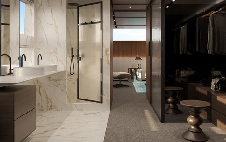 Rendering of Sanlorenzo S110 Asymmetrical motor yacht master cabin ensuite