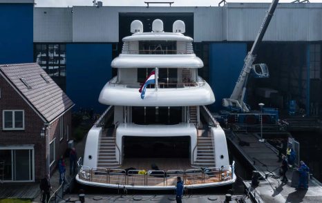 Aft view of Feadship Project 823 in construction shed.