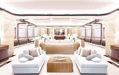 O'Pari superyacht interiors - lightly colored sofas, and wood furnishings and lots of light