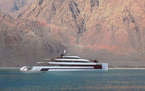 Distant view of KIWA superyacht underway, cruising by mountain range, surrounded by sea