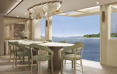Rendering of Tankoa Superyacht Spirit dining area with open starboard side doors 