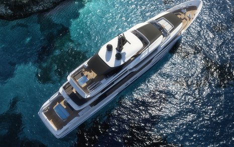 Overhead view of Custom Line Navetta 50, surrounded by sea.