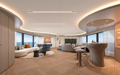 Rendering of CL Yachts CLC115 catamaran main saloon with curved bar area and wavy LED lighting