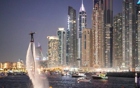 Flyboard demonstration with Dubai skyscrapers aft