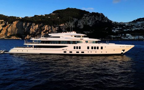 Side profile of the Amels 242 Casino Royale, showing Tim Heywood’s exterior design and the yacht’s classic multi-deck superyacht proportions.