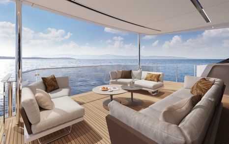 Rendering of Princess X90 Motor Yacht main aft deck with dual white sofas 