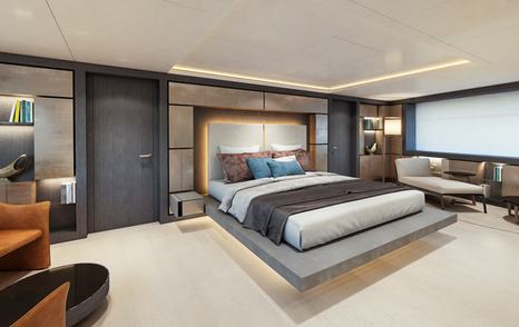 CGI of master cabin on Nauta 54m Wide Concept