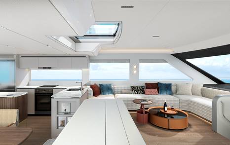 Rendering of CL Yachts CLB65 SUV boat saloon with U-shaped sofa