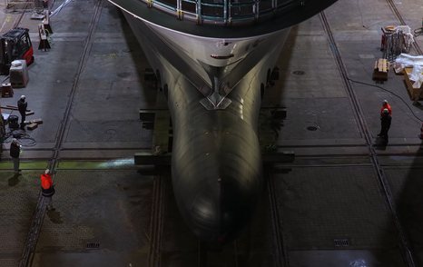 Close up of Superyacht Boardwalk bulbous bow 