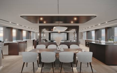 Rendering of VisionF 101 catamaran main saloon dining area 