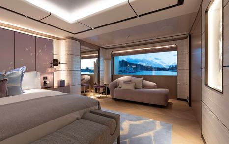 Motor yacht Moon Sand's owners suite and private seating area