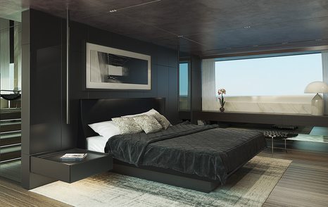 bed with brown linen, dark brown wall panels, teak floor boards and full-width window in the master suite of the Sanlorenzo 44Alloy yacht