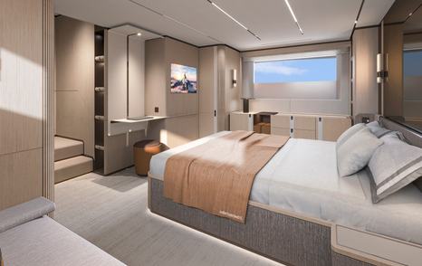 Rendering of Solaris Power 64 Long Range motor yacht master cabin 