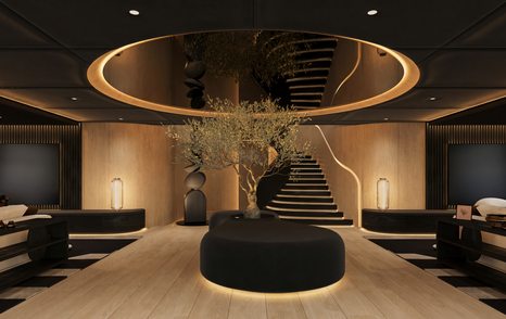 Rendering of the Sunreef 65M Explorer catamaran interior with circular lighting and indoor tree 