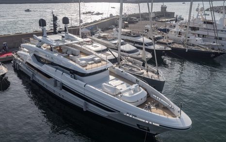 Aerial shot of large production yacht at Genoa Boat Show