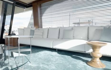Low sofa seating in the Sanlorenzo SHE main saloon