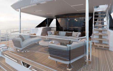 Rendering of Princess X90 Motor Yacht main aft deck with curved seating 