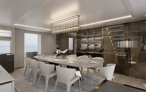 Rendering of Bering 125 Explorer Yacht dining area with abstract overhead lighting 
