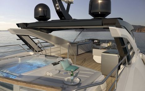 rendering of spa pool next to sunning area aft of the radar arch on the sundeck of the Pearl 62 yacht