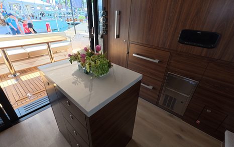 Maritimo M50 aft galley island unit with storage and direct cockpit access