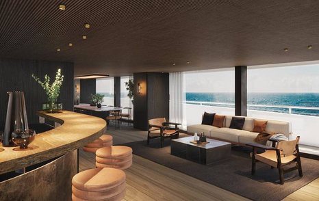 Rendering of Benetti B.Yond 57M superyacht salon with curved bar area and window seating