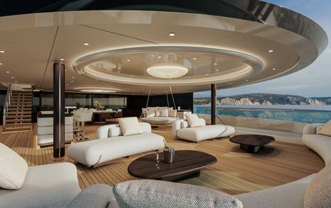 Rendering of ISA Amarcord 82 superyacht aft deck with circular LED lighting and curved seating