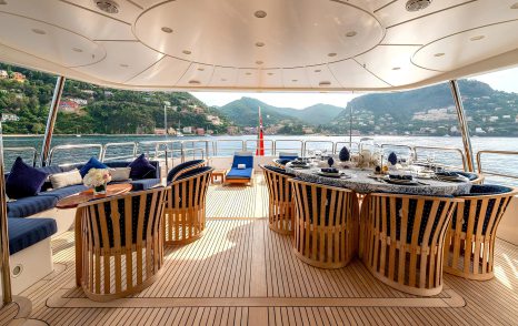 Superyacht Sea BlueZ upper aft deck with alfresco dining and shaded seating