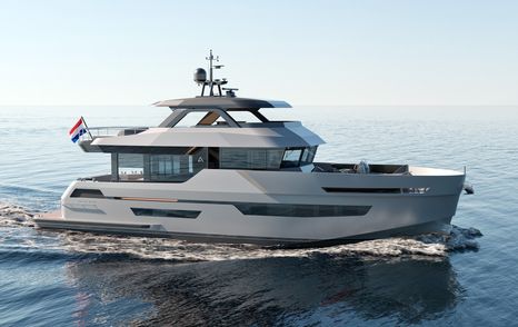 Rendering of Outer Reef 780 Adventure motor yacht under way