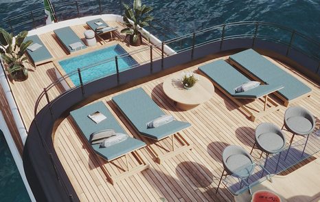 Rendering of Tecnomarine TM45 superyacht upper aft deck with sunloungers 